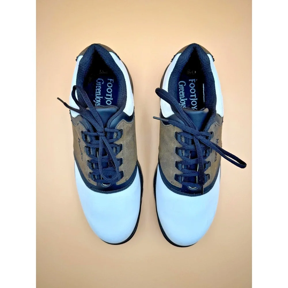 FootJoy GreenJoys Men's 10.5W White Brown Black Leather Lace-Up Golf Shoes Cleat - Picture 2 of 14